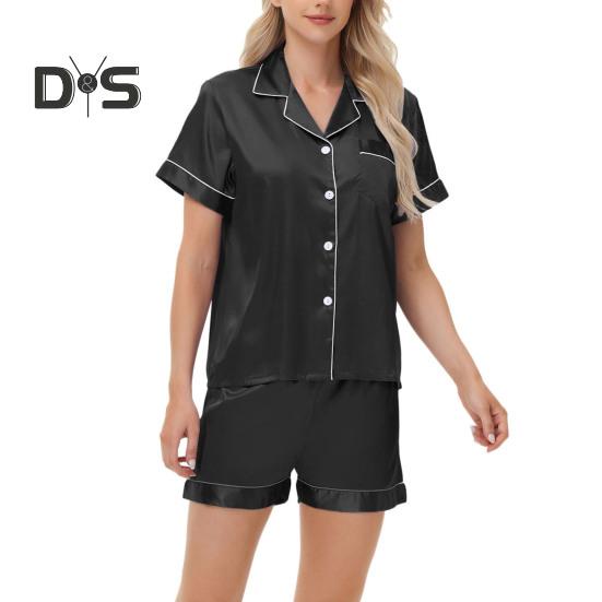 Пижамный костюм из 2 предметов, атласный однобортный кардиган, рубашка с V-образным вырезом, воротником-стойкой, однотонная рубашка с нагрудным карманом, свободные шорты, ночная рубашка, одежда для сна