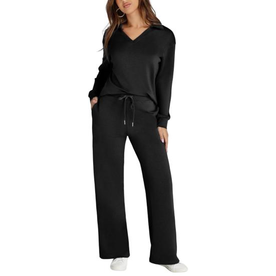 2 Pcs/Set Women Top Pants Suit V Neck Long Sleeves Solid Color Sport Sweatshirt Drawstring Elastic Waist Wide Leg Trousers Fitness Outfit Fall Spring