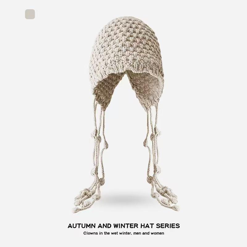 Теплая шерстяная шапка на осень и зиму, вязаная крючком ажурная шапка-мешок, женская этническая шапка с бахромой и защитой для ушей, вязаная шапка