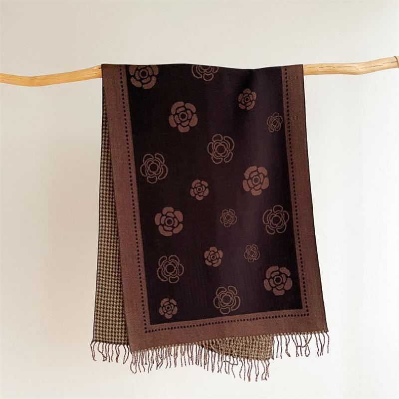 Scarf Women's Autumn and Winter New Core-spun Yarn Camellia Thousand Bird Grid Double-sided Warm Shawl Versatile Decorative Cashmere Scarf