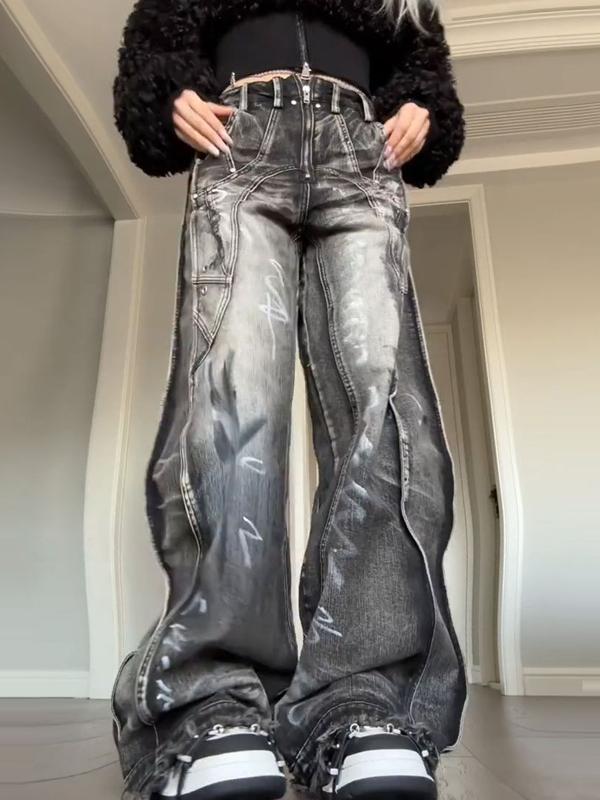 Черные серые женские джинсы с высокой талией, винтажные прямые мешковатые джинсовые брюки, уличные, американский стиль, модные, широкие джинсовые брюки