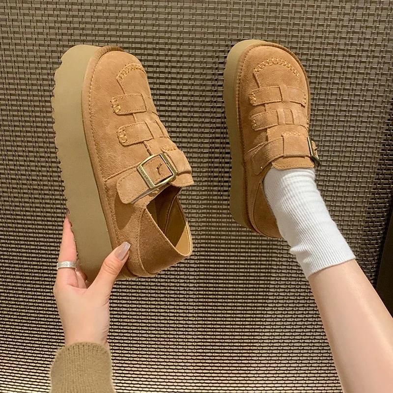 Распродажа модной женской обуви 2024 года, новые женские туфли на плоской подошве с пряжкой, осенние туфли с круглым носком, однотонные, повседневные туфли на платформе для офиса, большого размера