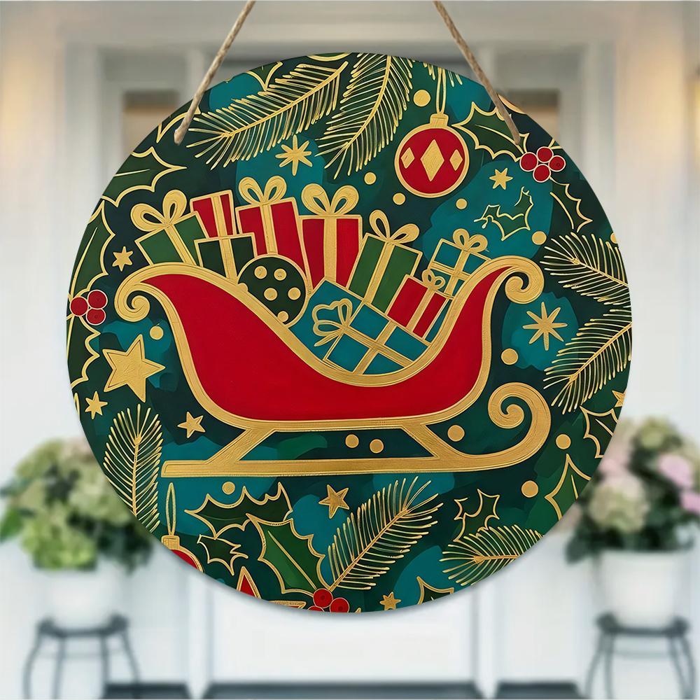 Christmas sleigh patterned round wooden hanging plaque natural wood festive wall art sign farmhouse door decor home winter holiday ornament