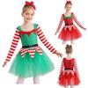 Girls Christmas Elf Costume Santa Little Helper Dress Striped Tutu Bodysuit Holiday Party Suit