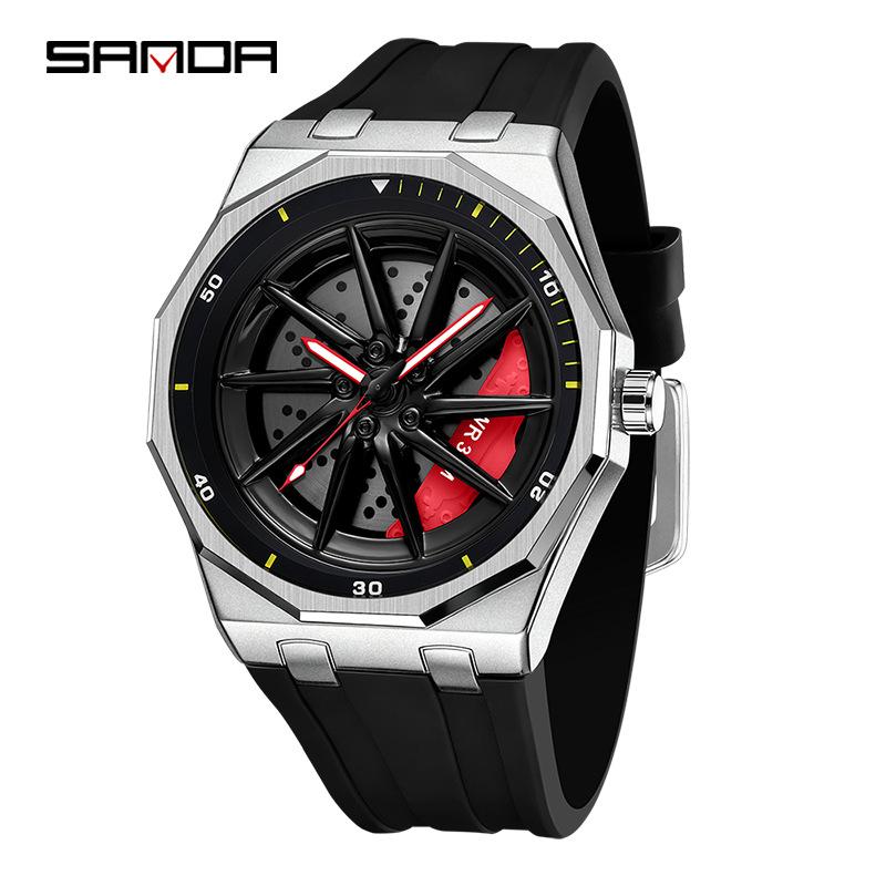 Fashion Sanda Top Brand Men's 360° Rotating Car Wheel Skeleton Dial Watch Luminous Quartz Sport Silicone Strap For Student Watch