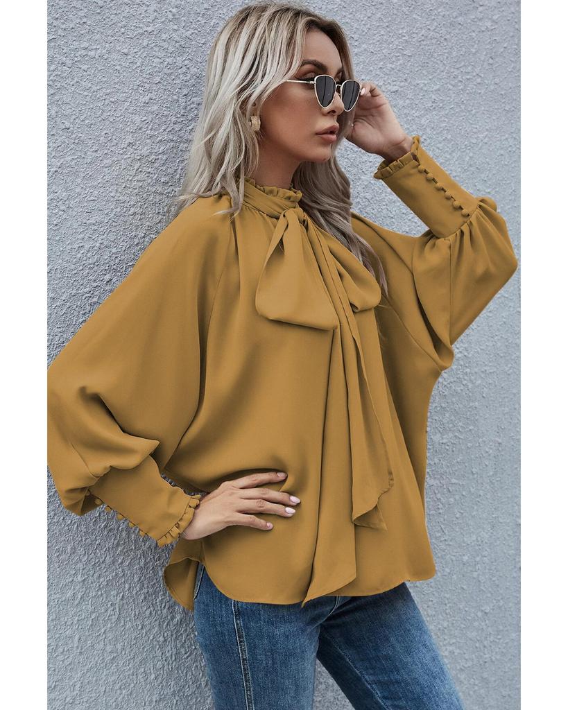 Azura Exchange Mustard Frilled Knotted Mock Neck Bishop Sleeve Blouse