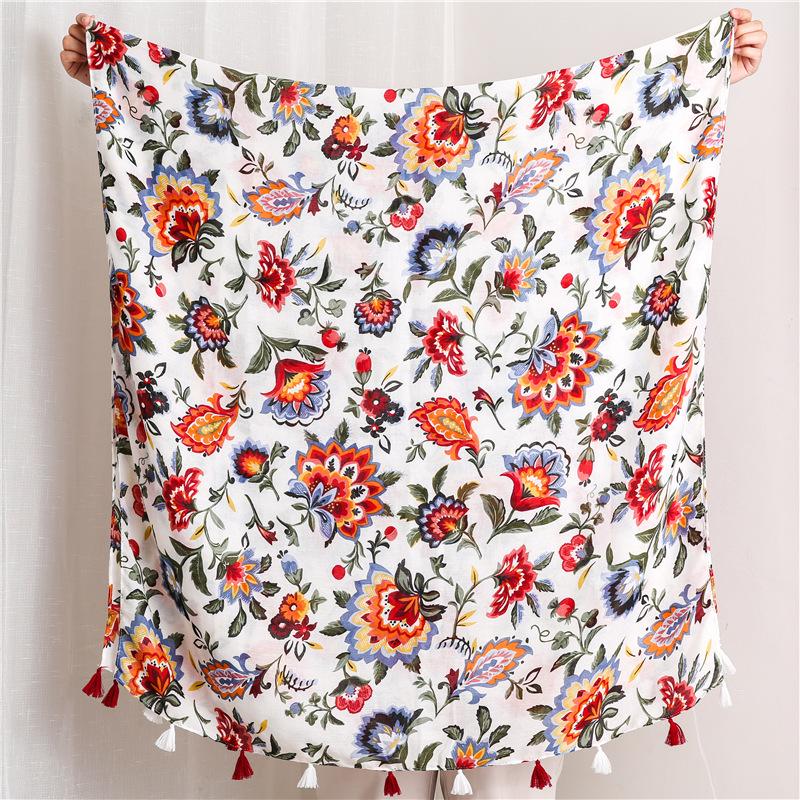 Ethnic Style Colorful Floral Print Summer Shawl – Versatile Cotton & Linen Silk Scarf for Women