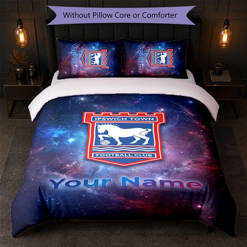 Ipswich Town Custom Name Text Bedding Set 1 Duvet Cover+2 Pillowcases Soccer Logo Personalized Gift For Special Occasion Bedroom Decor