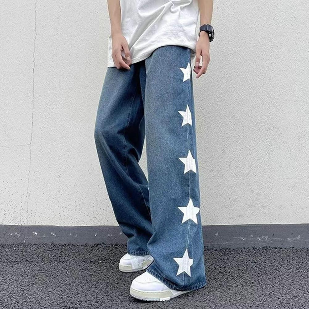 Men Jeans Wide Leg Straight Loose Star Print Full Length Solid Color Pockets Button Zipper Closure Soft Retro Streetwear Men Lon