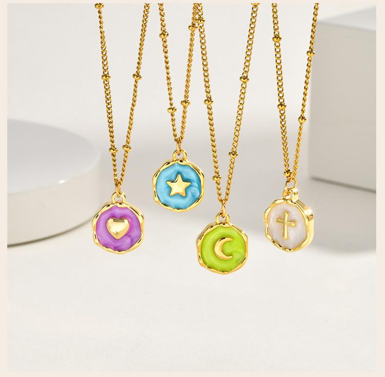 Colorful Enamel Round Pendant Necklace, Star Cross Heart Moon Choker, Stainless Steel Tarnish Resistant Clavicle Jewelry