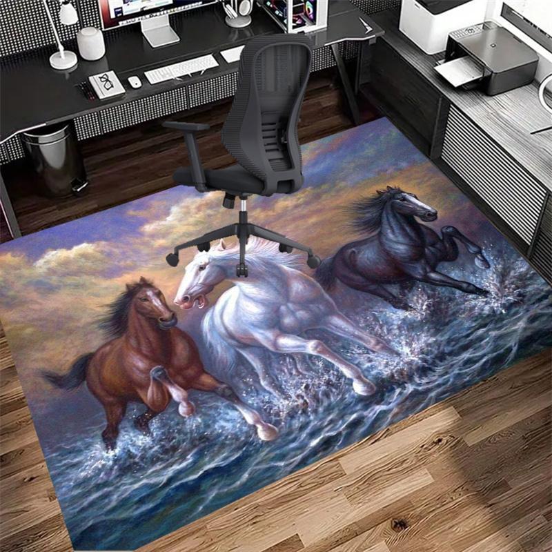 Three Running Horses Sea Wave Oil Painting Print Area Rug Wildlife Non Slip Rectangular Floor Mat Horse Lover Gaming Room Living Bedroom Decor Rug