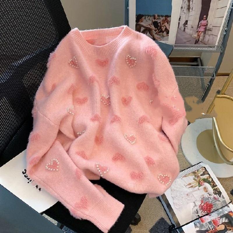 Sweet Love Bead Sweater Women's 2025 Autumn and Winter New Loose Round Neck Design Knitted Sweater Women's Top