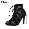 Fashion Black Summer Sandals Lace Up Cross-tied Peep Toe High Heel Ankle Strap Net Surface Hollow Out Shoes