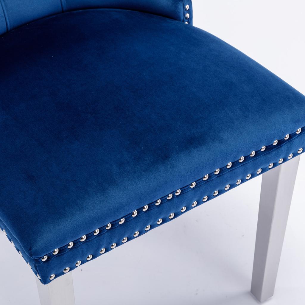 Nikki Collection Tufted Solid Wood Velvet Dining Chair with Chrome Plating Legs,Nailhead Trim,Set of 2,Blue and Chrome, DE1701BL