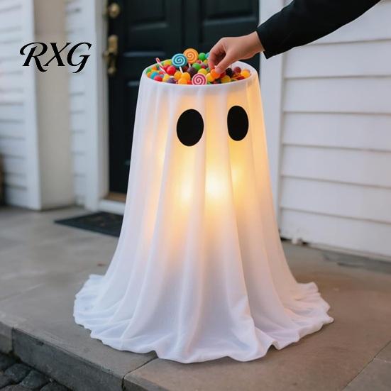 Outdoor Yard Spooky Decor Lighted Halloween Ghost Candy Bowl Stand, Height Adjustable Large Holder with Atmosphere Light LED for Trick or Treat,
