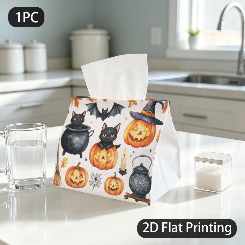 1pc Tissue Box, Watercolor Halloween Whimsical Elements Pattern, 2D Flat Printing, Dust Blocks, Can Be Folded, Tissue Container, for Guest Rooms