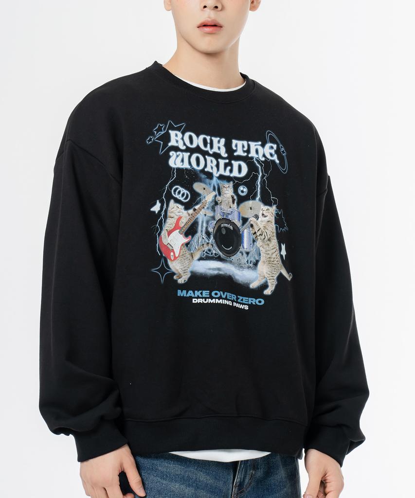 MOZMOZ Soft French Terry Rock Cat Oversized Sweatshirt Black