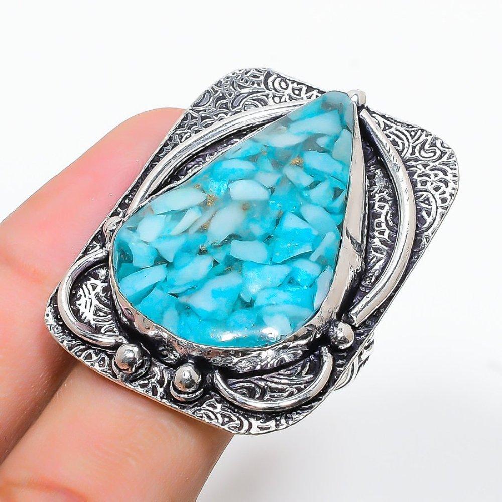 Copper Blue Turquoise Gemstone Handmade 925 Sterling Silver Ring Size 9.5 e1m27