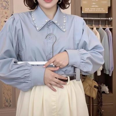 Тяжелая вышивка бисером Воротник поло Свободная повседневная рубашка Топ Весна Осень Новая с длинным рукавом Женская Корейская