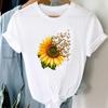 (Asian Size) Women Print Tee Top Fashion T Shirt Sunflower Butterfly Trend Cute Clothing Casual Short Sleeve Lady Female Graphic T-shirt