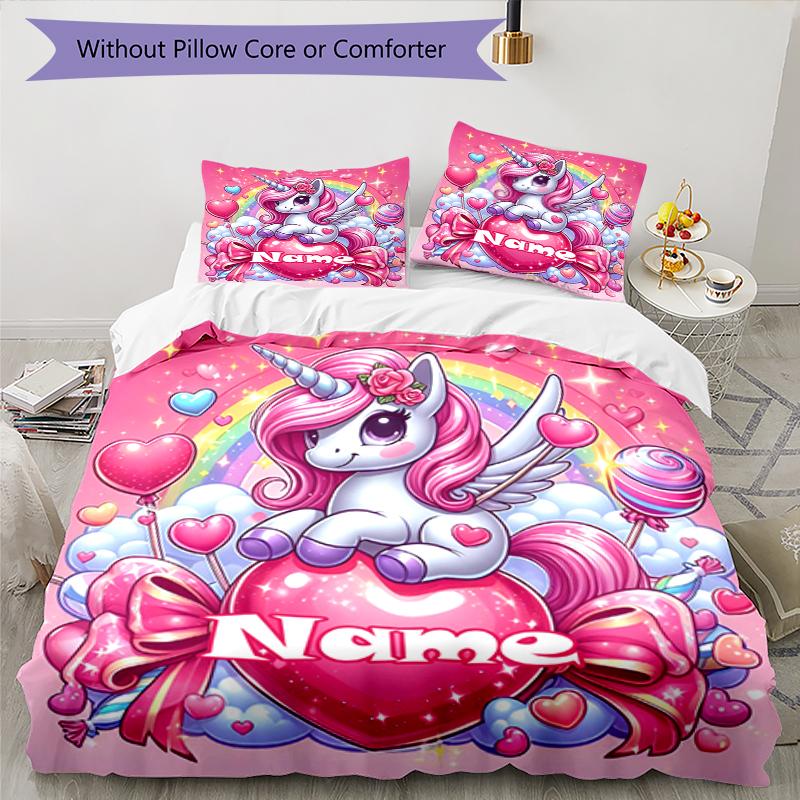 3pcs Custom Name Unicorn Bedding Set Duvet Cover Closure Includes 1 Duvet Cover & 2 Pillowcases, Soft and Comfortable for All Seasons.