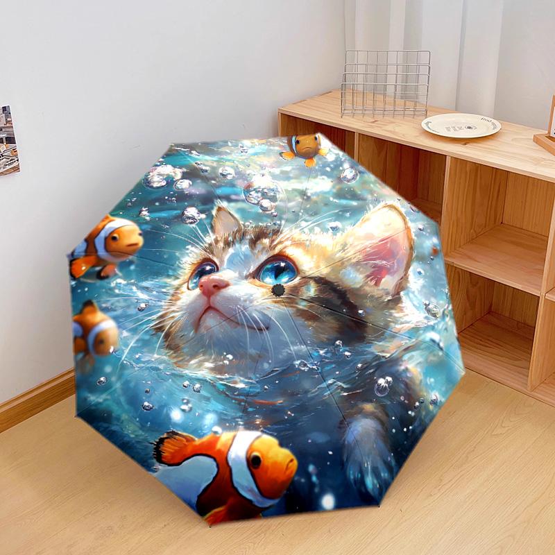 1 шт. Автоматический складной зонт - Узор "Кот и Рыба-Клоун", Портативный и складной дизайн с 8 спицами, Рождественские и Новогодние подарки