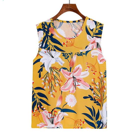 2 Pcs/Set Women Vest Pants Set Flower Print Round Neck Sleeveless Loose Pleated Elastic Waist Wide Leg Casual Homewear Mid-aged Mother Pajamas Set