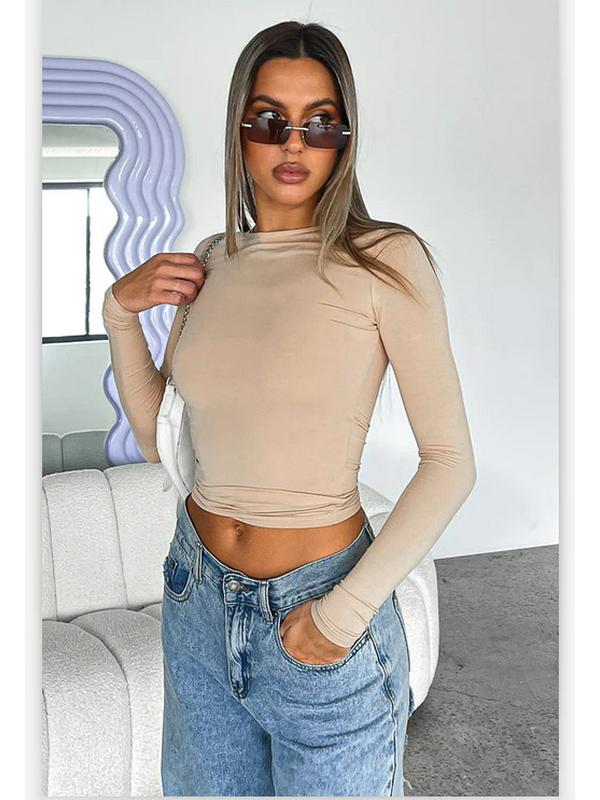 2023 Женская футболка с длинным рукавом, приталенная, нестандартная, однотонная, с круглым вырезом