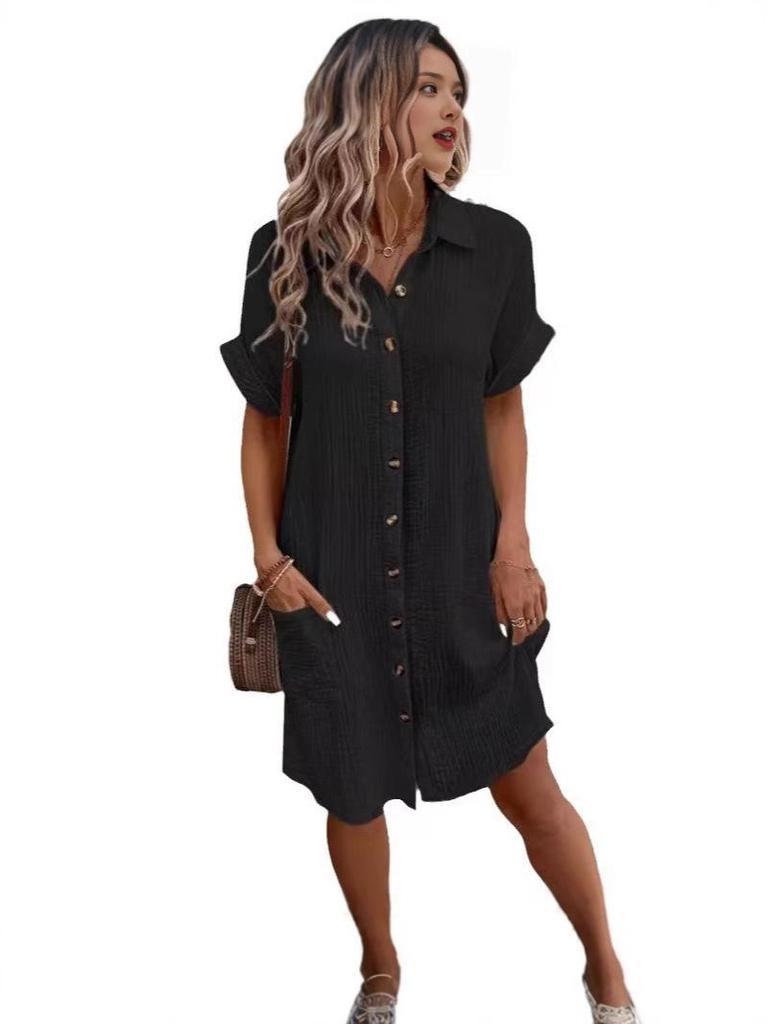 2024 Women's Casual Cotton Linen Short Sleeve Dress – Solid Color, Mid-length, Button-Down