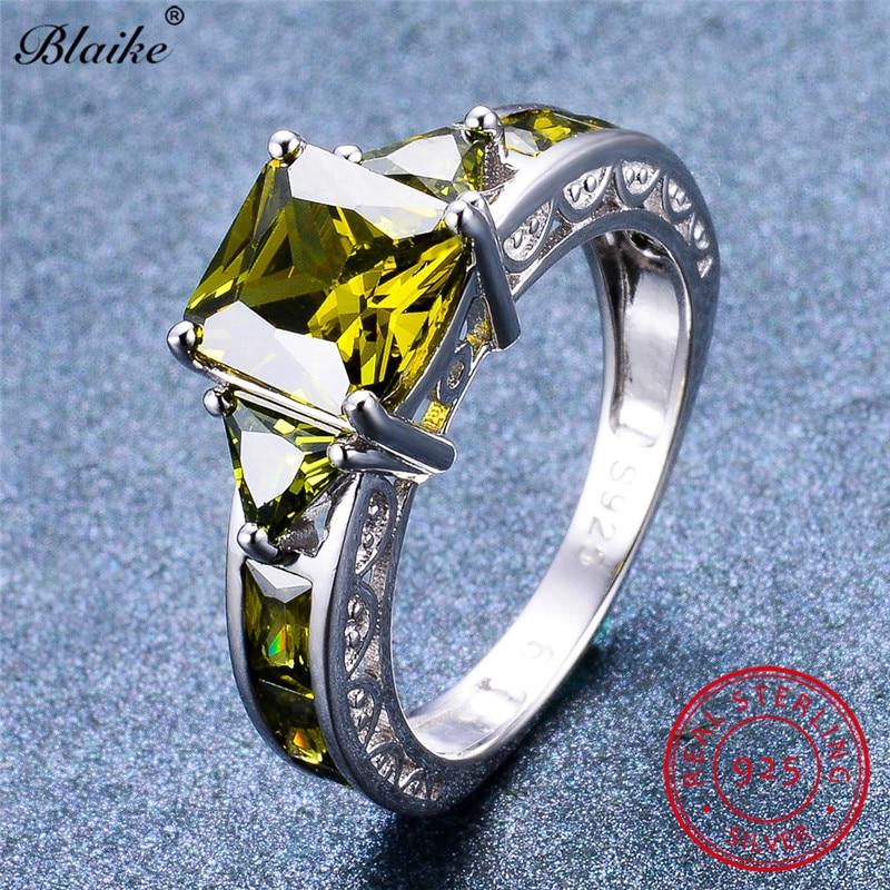 Size 5-11 Square Birthstone Ring Genuine S925 Sterling Silver Rings For Women Peridot/Ruby/Topaz Rainbow Zircon Jewelry