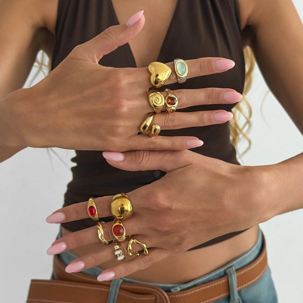 11Pcs/Set Gold Tone Open Band Ring Color Gem Inlay Finger Jewelry Heart Shape Ring Stack Match