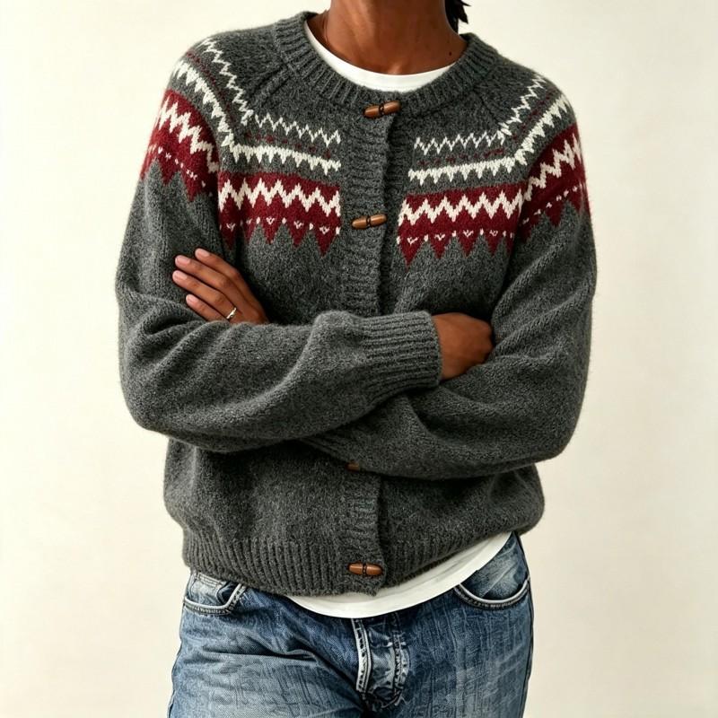 Womens Oversized Crewneck Cardigan Sweater With Colorblock Jacquard Acrylic Knit Open Front Top Fall Winter