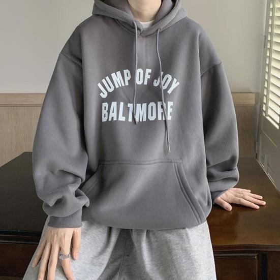 Мужская осенне-зимняя толстовка с капюшоном и буквенным принтом, свободная толстая теплая пуловер с длинными рукавами, ретро средней длины, эластичная манжета на шнурке, толстовка с большим накладным карманом