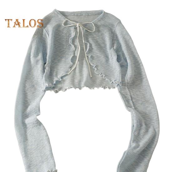 Солнцезащитный трикотажный кардиган для женщин с завязками спереди, длинными рукавами, прозрачной сеткой, пляжной накидкой с оборками и тонкими рубашками с защитой от ультрафиолета