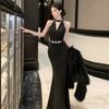 Women's Celebrity Black Beaded Tassel Fishtail Dress Dress