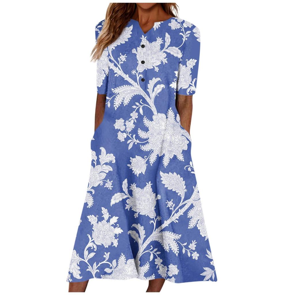 Women's Summer Casual Fashion Floral Printed Short Sleeve Button Pocket Dress