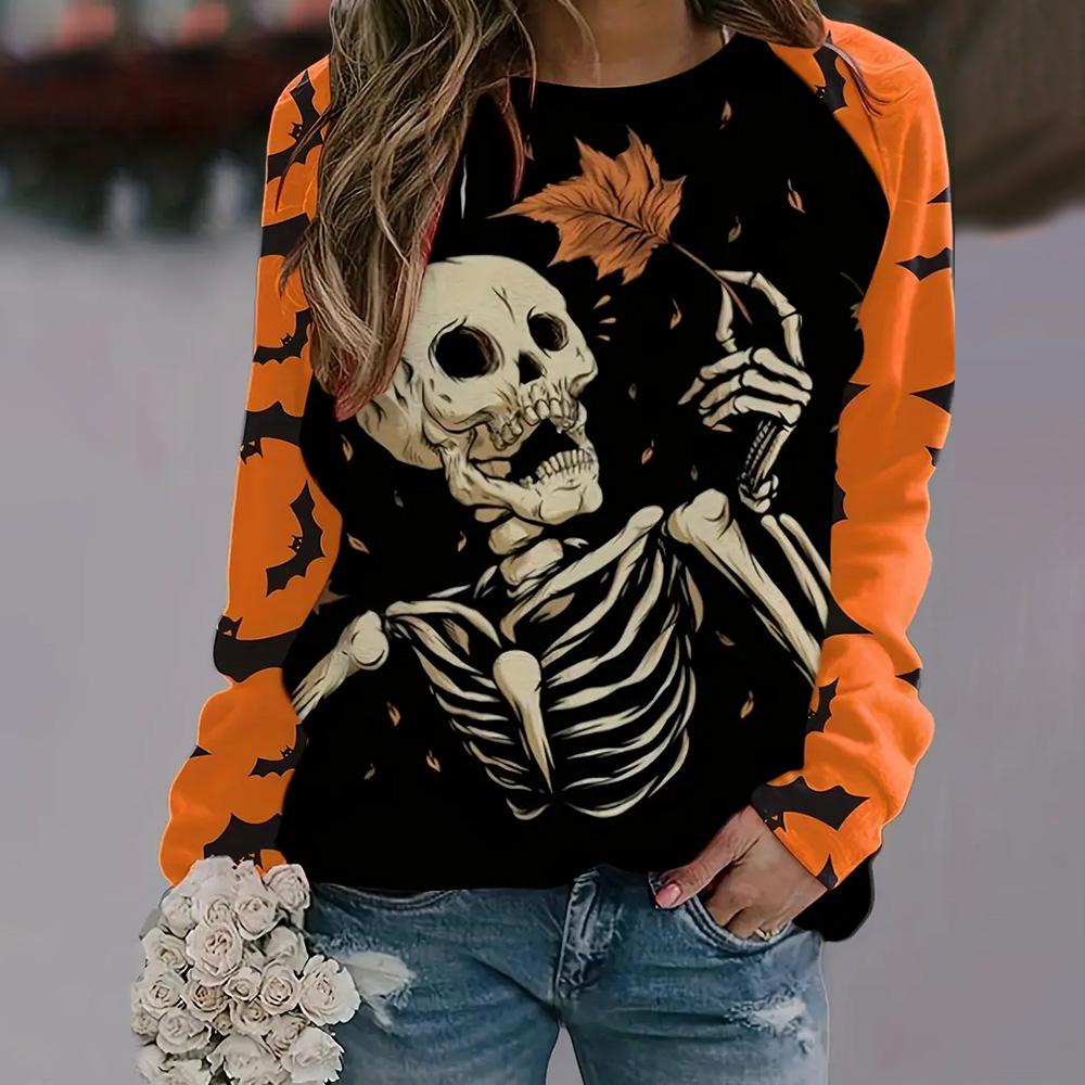 Halloween Women's Long Sleeve 3d Skull Printed Round Neck T-shirts Tops Casual Hoodies Sweatshirt Winter & Autumn Plus Size