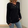 Women's Fashionable Solid Color V Neck Button Long Sleeved Loose Pullover T-shirt Top