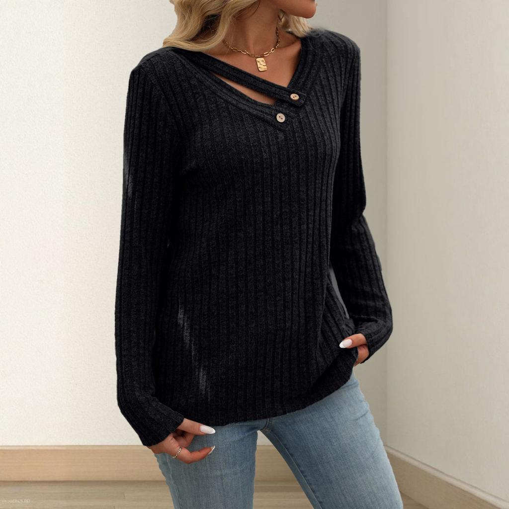 Women's Fashionable Solid Color V Neck Button Long Sleeved Loose Pullover T-shirt Top