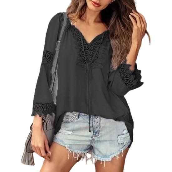 Women Tops V-Neck Embroidery Lace Trim Lace-up Long Sleeve Pullover Tops Solid Color Loose Fit Casual Style Shirt