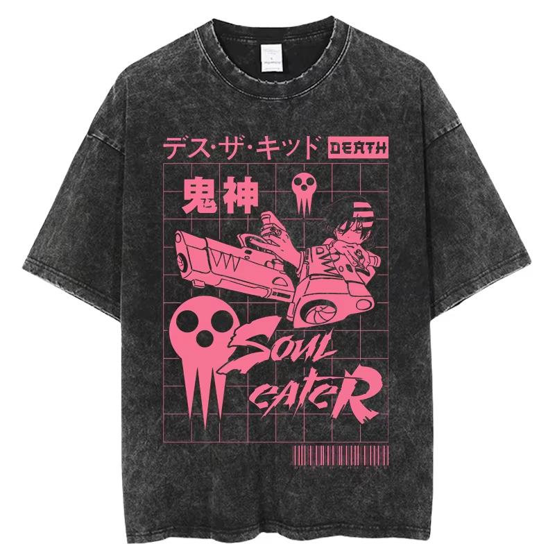 Винтажная стираная футболка с графическим принтом из манги Soul Eater, унисекс, аниме, оверсайз, уличная мода Харадзюку, короткий рукав, мягкий хлопок, дышащая футболка