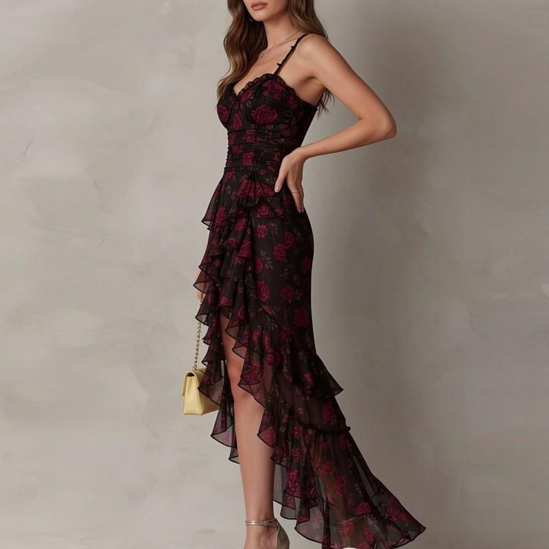 2026 Womens Long Dress Sexy Pure Style Rose Print Split Slim Fit Party