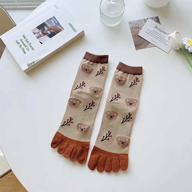 2 Pairs Five Finger Women Animals Cartoon Print Japanese Cute Socks Casual Plaid Floral Vintage Female Sock