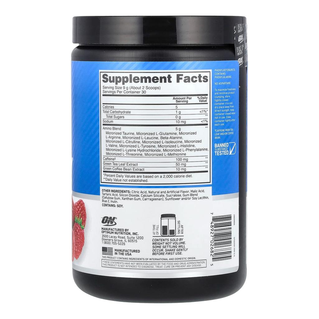 Незаменимые аминокислоты Голубая малина (270 г), Essential Amin.O. Energy Blue Raspberry,  Optimum Nutrition