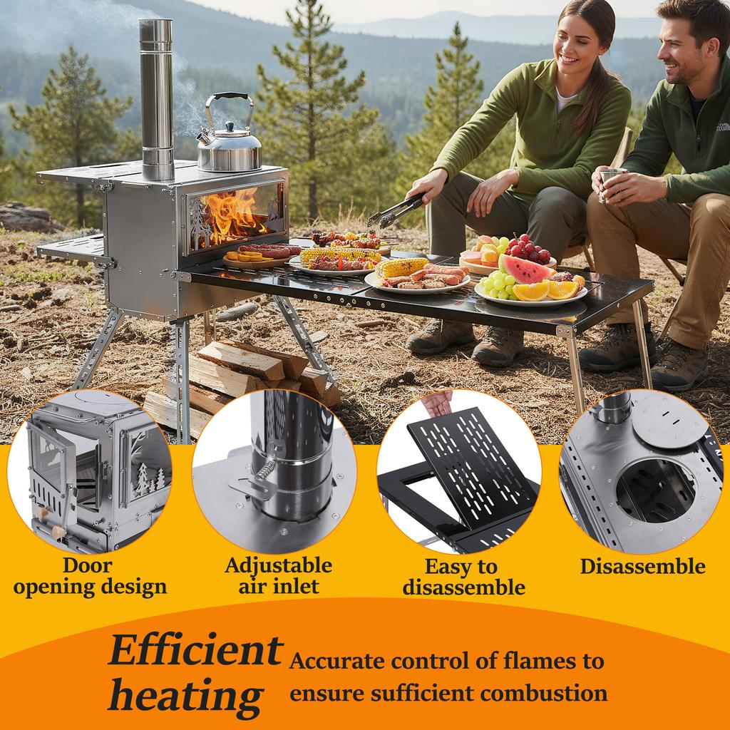 Small Camping Wood Stove with Oven & Camping Table with Chimney Pipe Stainless Steel for Cooking Hiking Fishing Backpacking