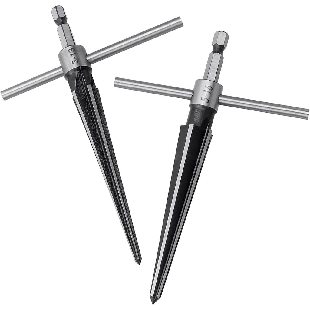 EMVANV 2Pcs Bridge Pin Hole Reamer, 3-13mm(1/8''-1/2'') & 5-16mm(½-5/8") T Handle Taper Reamer Set, 6 Fluted Chamfer Reaming Tool, Bridge Pin Hole