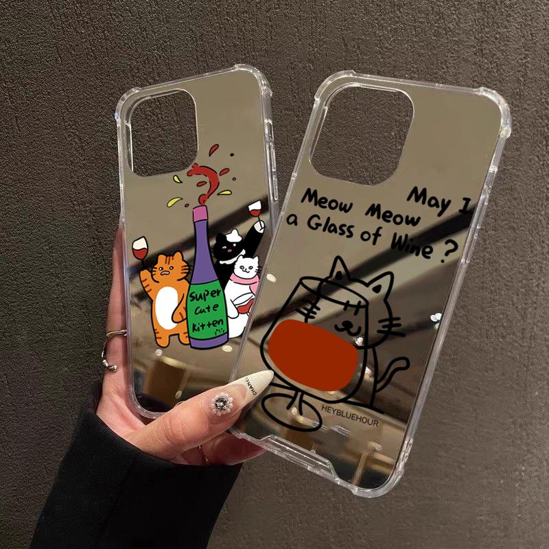 Красное вино Кошачий узор Зеркальный акриловый чехол для телефона Samsung Galaxy S25 S24 S23 S22 Ultra Plus FE A06 A14 A23 A36 A55 A56