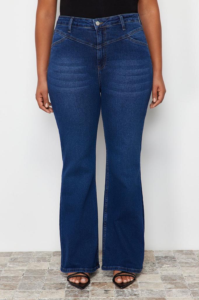 Женский стиль, большие размеры, голубые джинсы-клеш из денима со строчкой