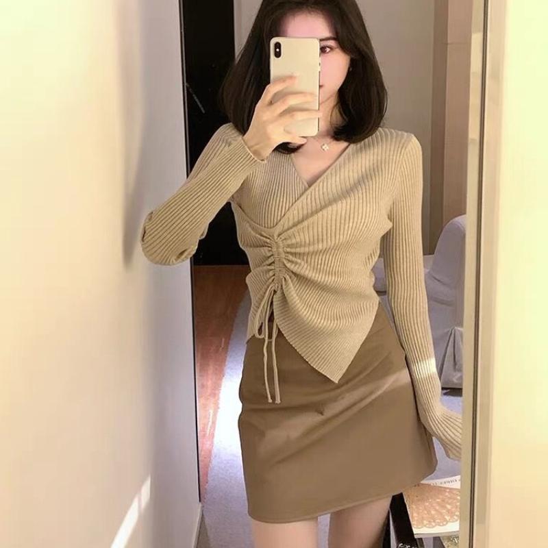 Autumn Thin V-neck Drawstring Knitted Sweater Women Fashion Long Sleeve Base Pullovers Women Sweaters Winter Tops Slim Fit Casual Lady Jumpers 25819