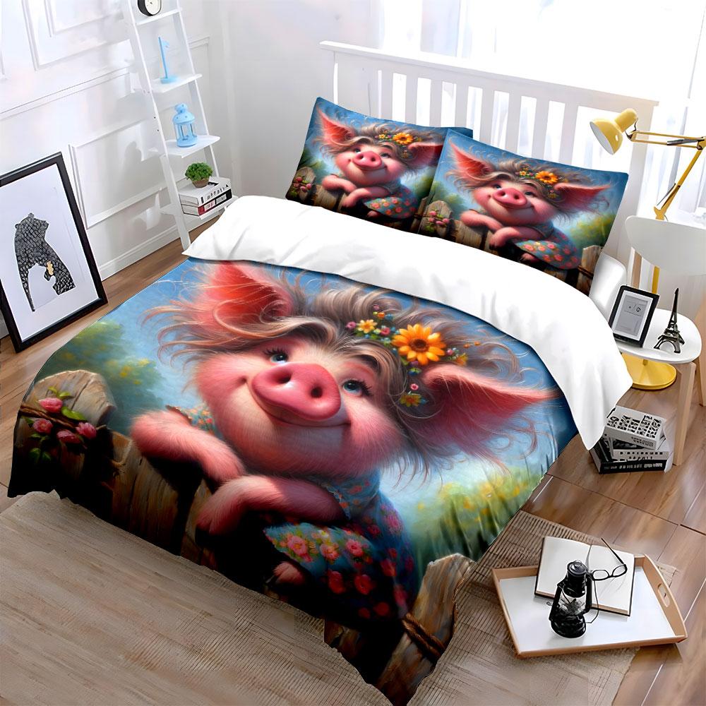 Fluffy animal with flower crown Print Bedding Set 1 Duvet Cover 2 Pillowcases for Adult and Children Luxury Gift Full Size